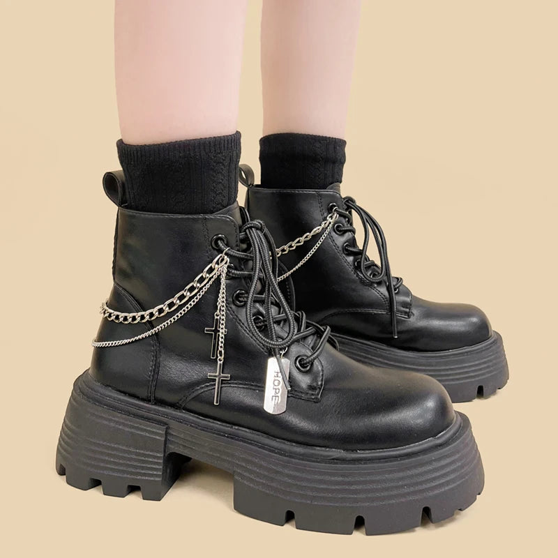 Grunge Chain Cross Combat Boots for Y2K Style - Trendy Grunge Footwear for Men