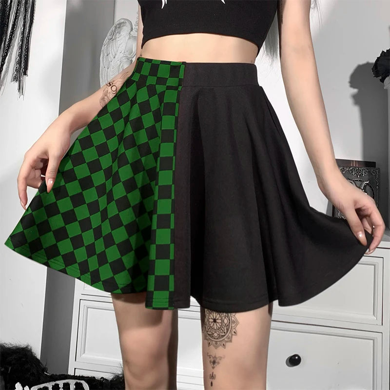 Grunge Checked A-Line Mini Skirt for Y2K Style - Trendy Checked Mini Skirt for Men and Women