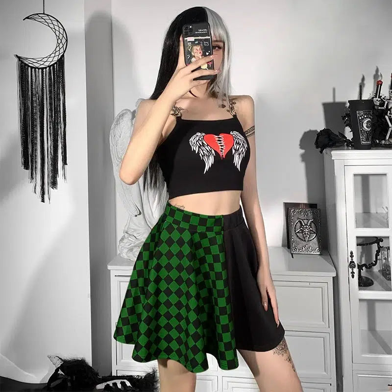 Grunge Checked A-Line Mini Skirt for Y2K Style - Trendy Checked Mini Skirt for Men and Women