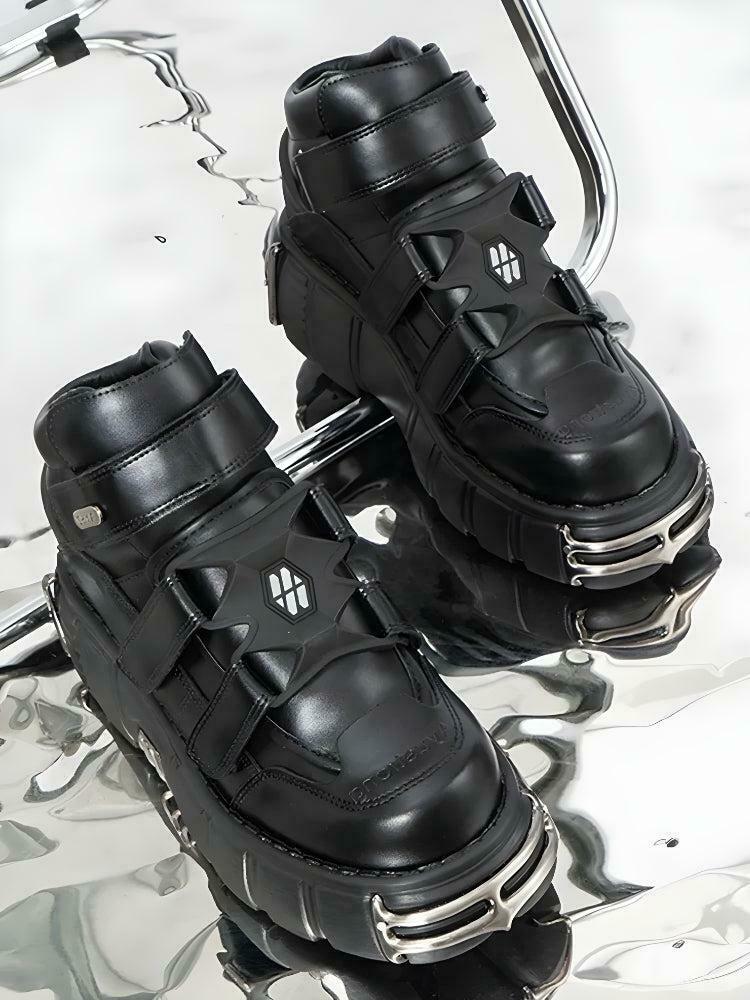 Grunge Chunky Metal Detailed Platform Boots for Y2K Style and Cyber Fashion Enthusiasts