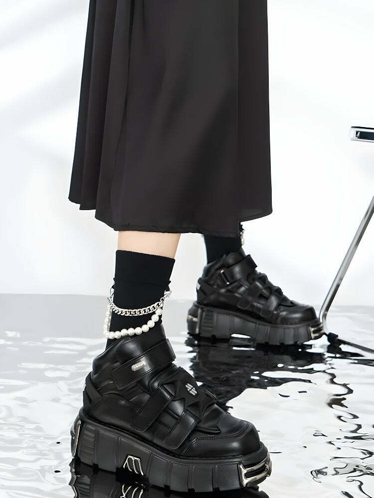 Grunge Chunky Metal Detailed Platform Boots for Y2K Style and Cyber Fashion Enthusiasts