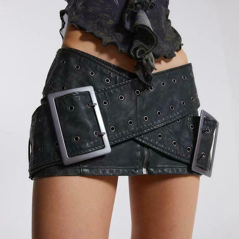 Grunge Cross Belt Faux Leather Mini Skirt for Trendy Y2K Fashion and Hip Hop Styles