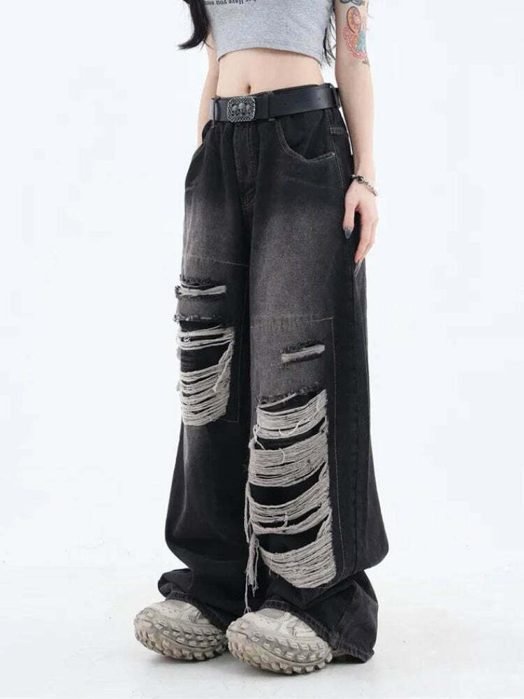 Grunge Dark Wash Distressed Jeans for Y2K Style Outfits and Vintage Fashion Inspiration