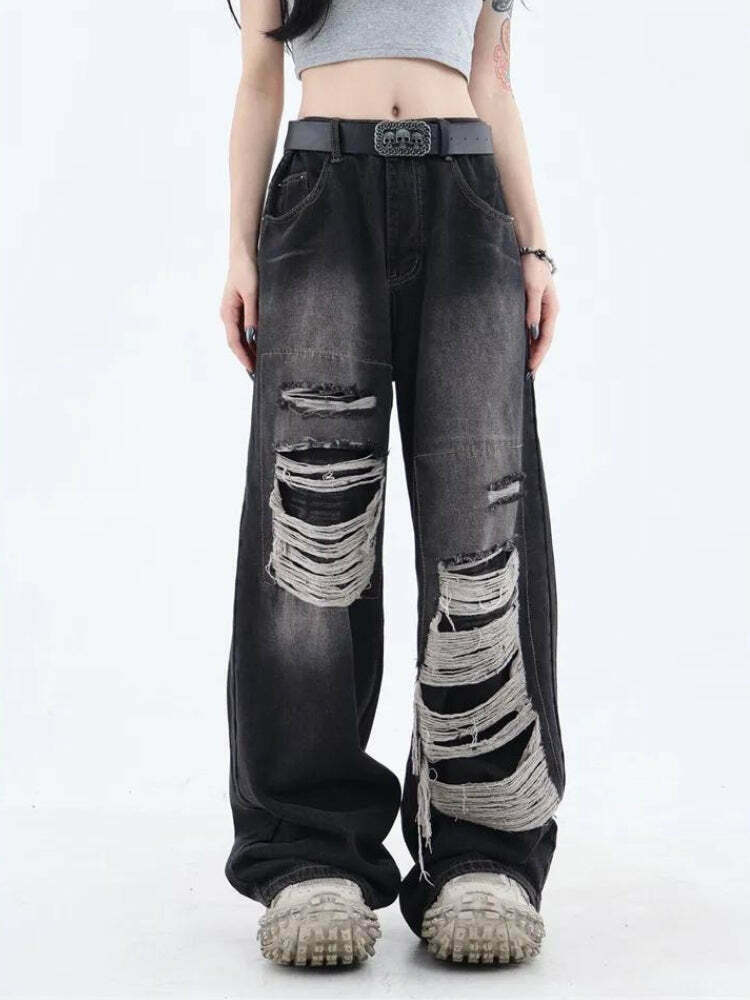 Grunge Dark Wash Distressed Jeans for Y2K Style Outfits and Vintage Fashion Inspiration