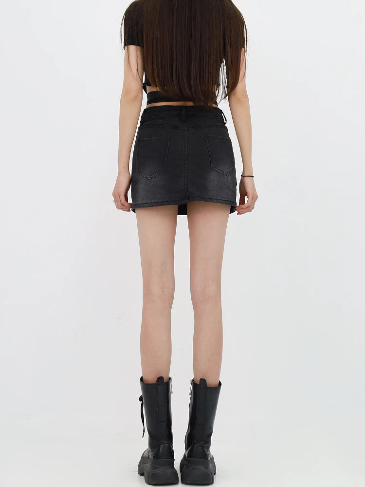 Grunge Denim Cross Belt Mini Skort - Trendy Y2K Style Denim Skort for Fashion-Forward Looks