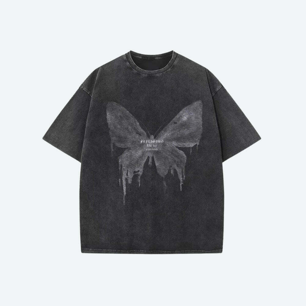 Grunge Distressed Butterfly Tee - Y2K Style for Emo, Punk, and Cute Outfits