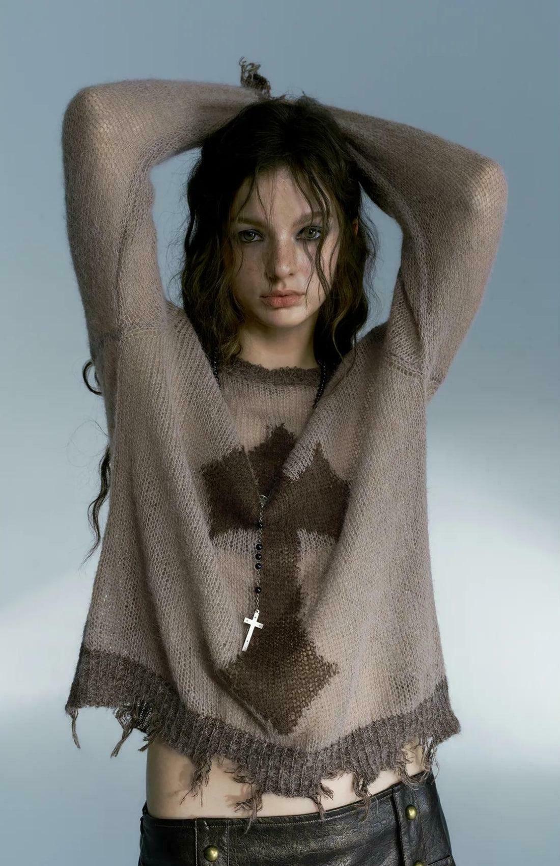 Grunge Distressed Cross Sweater for Y2K Style - Trendy Unisex Fashion Statement