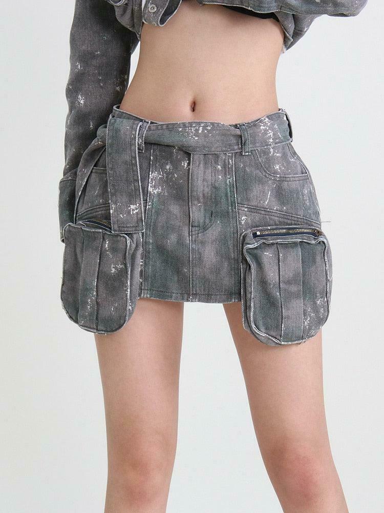 Grunge Distressed Grey Cargo Denim Mini Skirt - Y2K Style Clothing for Trendy Looks