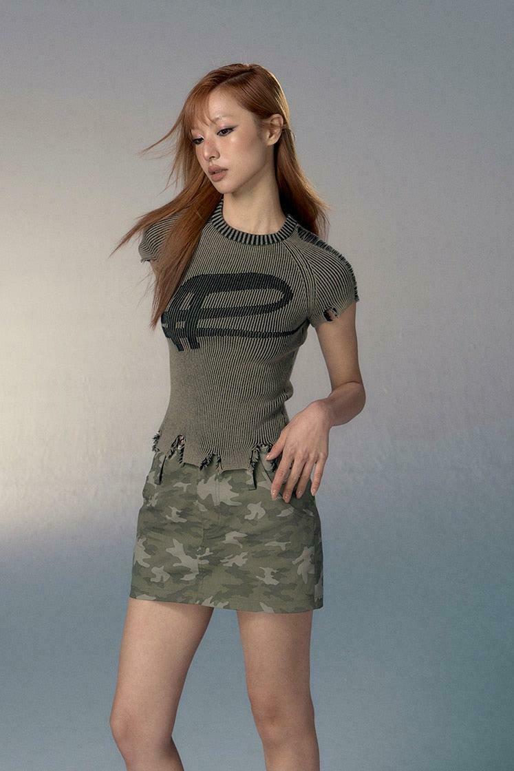 Grunge Distressed Ribbed Top - Trendy Korean Y2K Fashion for a Stylish Look