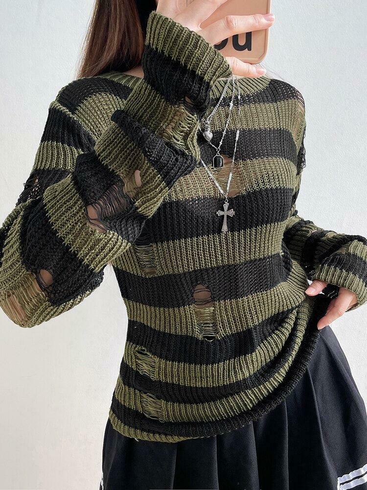 Grunge Distressed Striped Sweater in Brown and Cream - Trendy Y2K Style for 2025