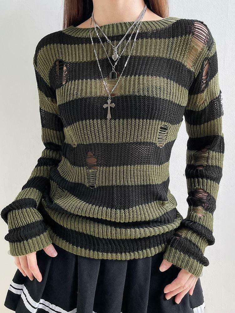 Grunge Distressed Striped Sweater in Brown and Cream - Trendy Y2K Style for 2025