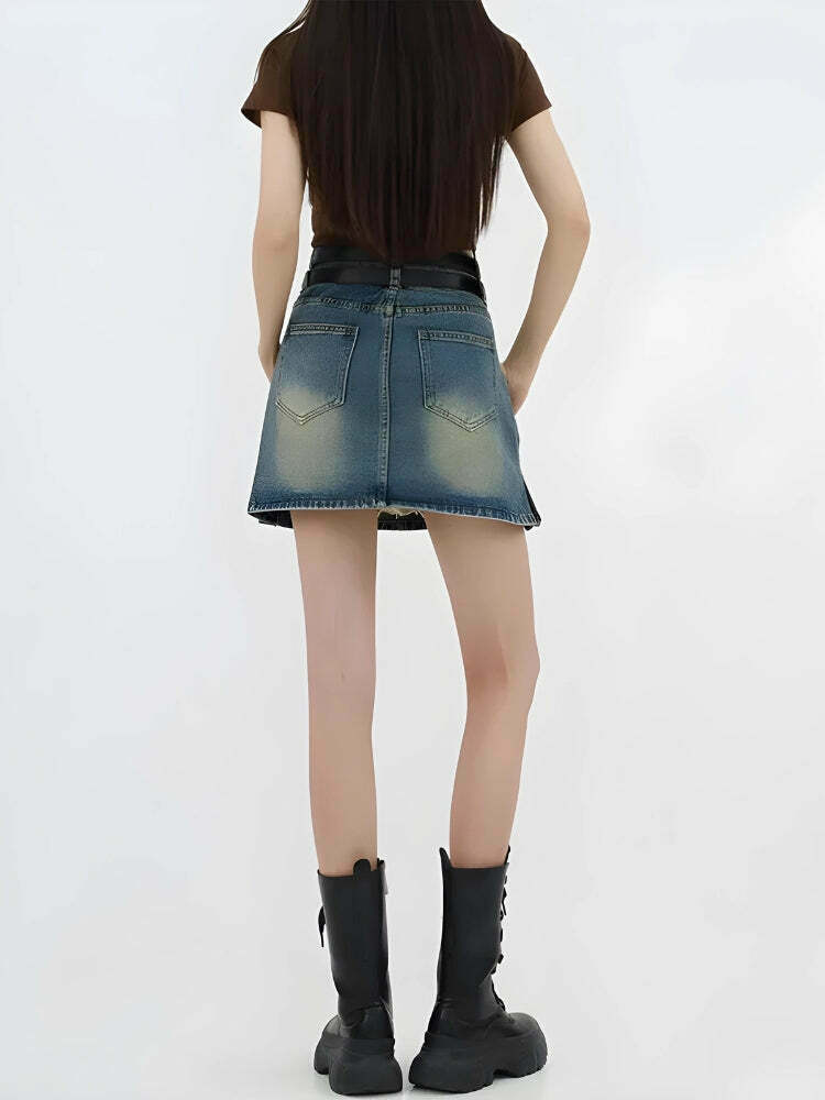 Grunge Double Belt Loop A-Line Denim Mini Skirt for Y2K Fashion Enthusiasts