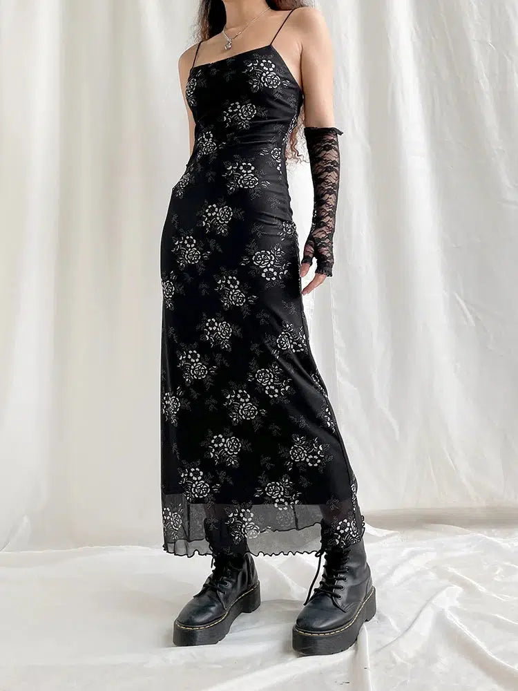 Grunge Floral Mesh Midi Dress - Y2K Inspired Fashion for Trendy Preppy Outfits