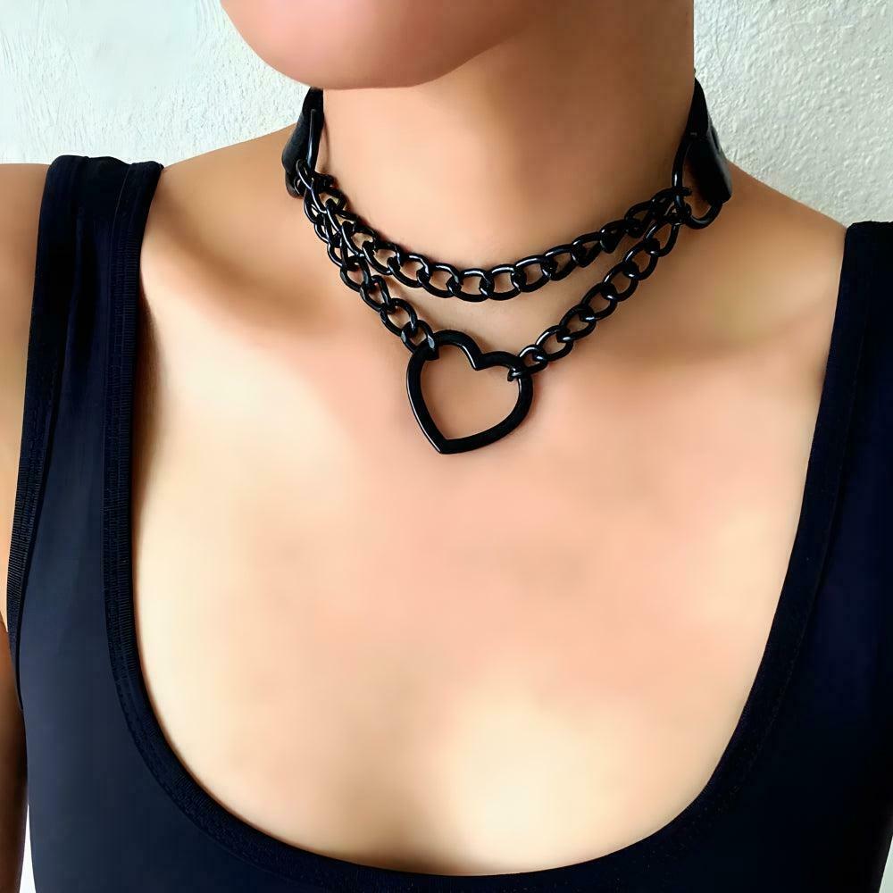 Grunge Heart Belted Choker Necklace - Y2K Core Fashion Accessory for Trendy Outfits