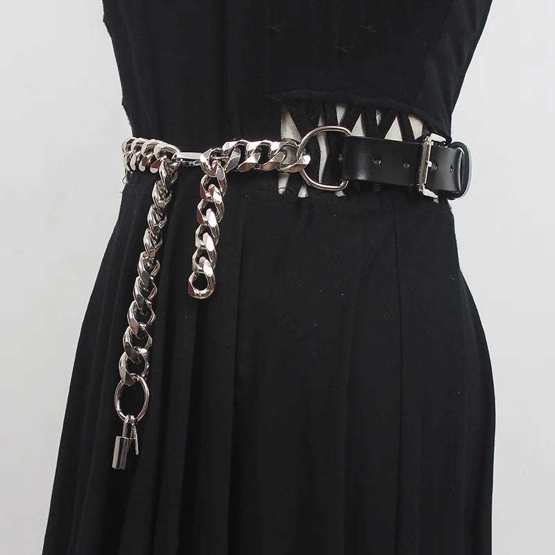 Grunge Lock Faux Leather Chain Belt for Y2K Style - Trendy Cowgirl Chain Accessory