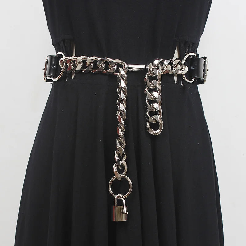 Grunge Lock Faux Leather Chain Belt for Y2K Style - Trendy Cowgirl Chain Accessory