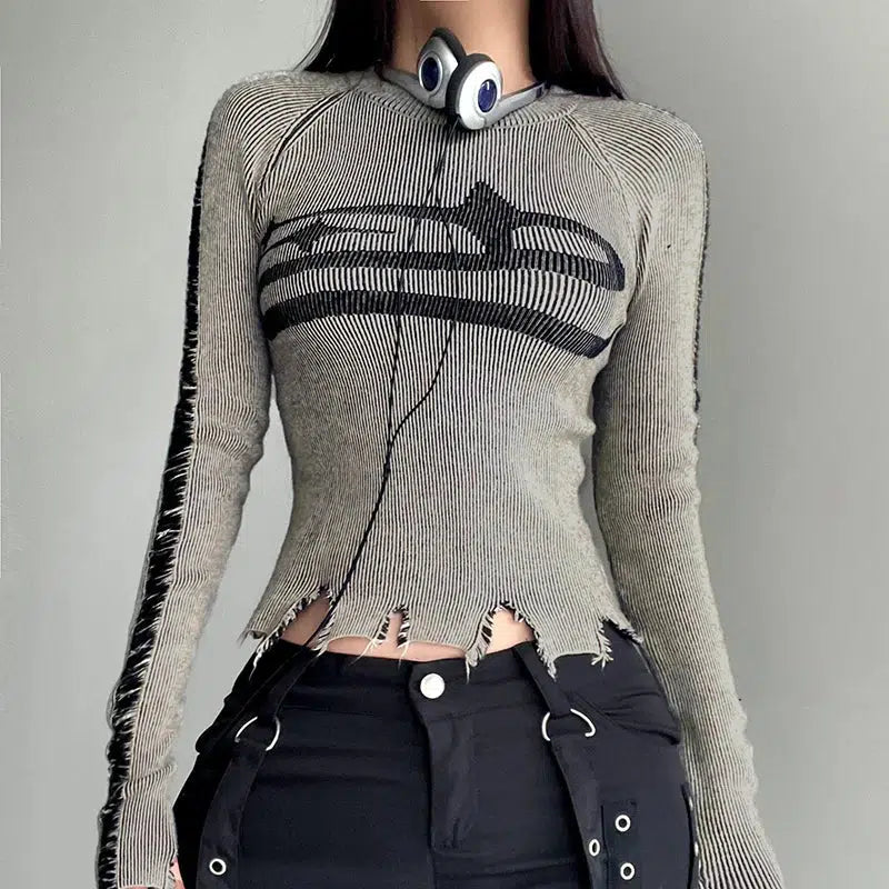 Grunge Long Sleeve Distressed Top - Trendy Y2K Fashion for a Stylish Look