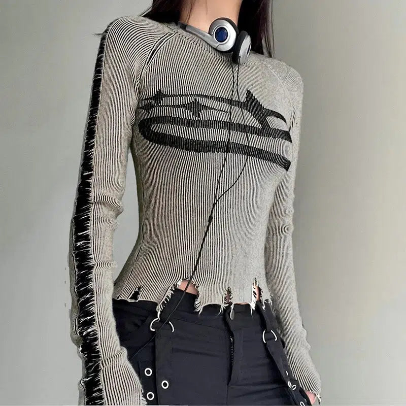 Grunge Long Sleeve Distressed Top - Trendy Y2K Fashion for a Stylish Look