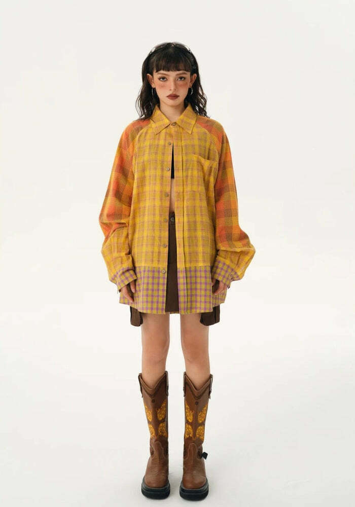 Grunge Multi-Pattern Plaid Shirt - Vintage Y2K Fashion for Trendy Outfits & Style