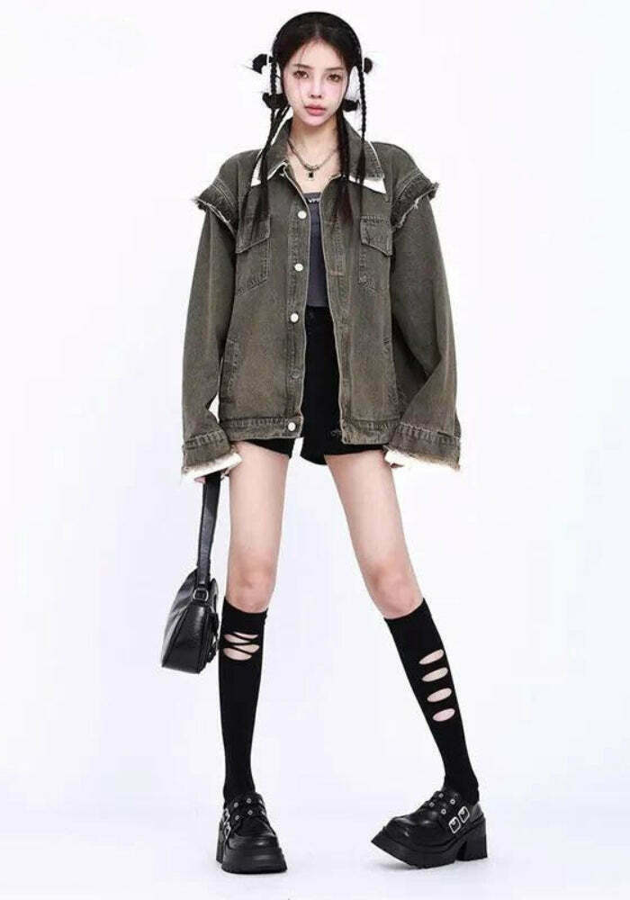 Grunge Oversized Denim Jacket for Y2K Style - Trendy Button-Up Outerwear for All