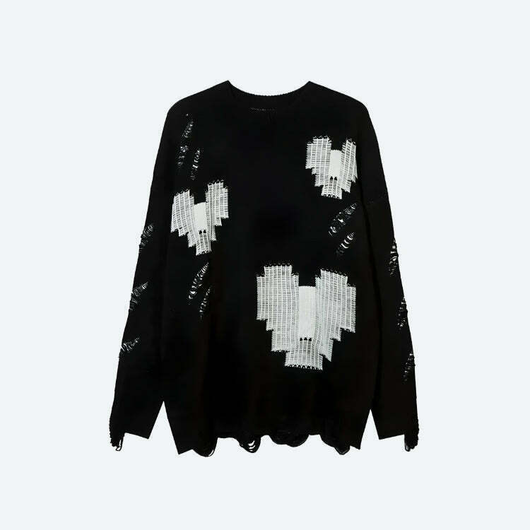 Grunge Pixel Hearts Knitted Sweater - Trendy Y2K Fashion for a Stylish Look