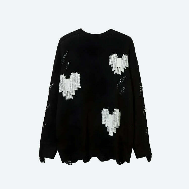 Grunge Pixel Hearts Knitted Sweater - Trendy Y2K Fashion for a Stylish Look