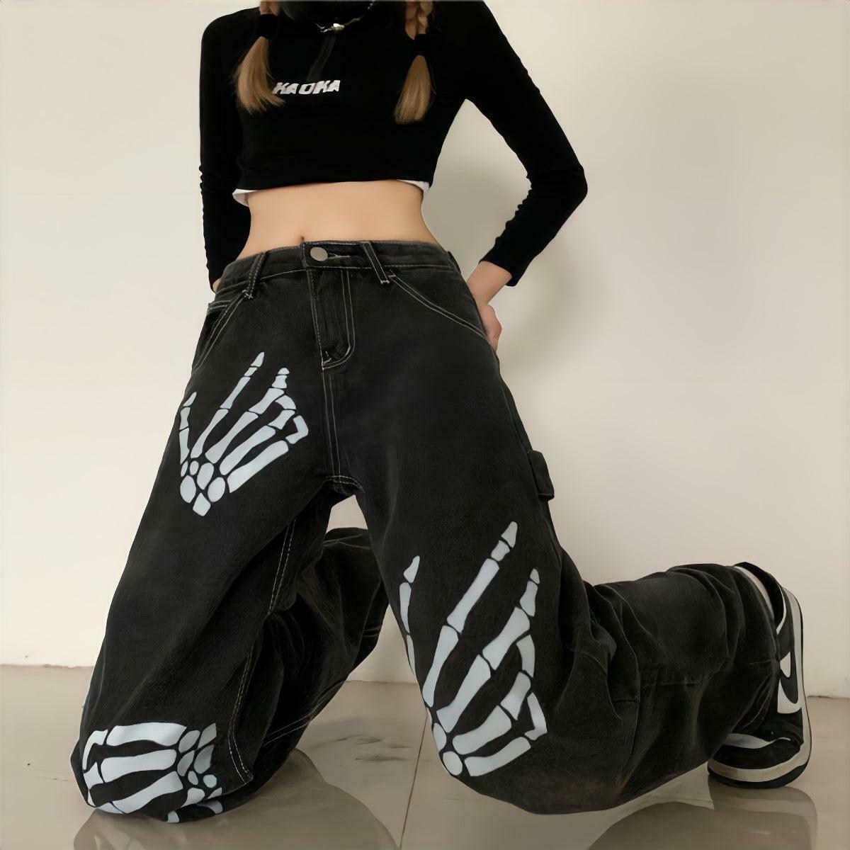 Grunge Skeleton Hand Printed Jeans for Y2K Style - Trendy 90's Inspired Fashion