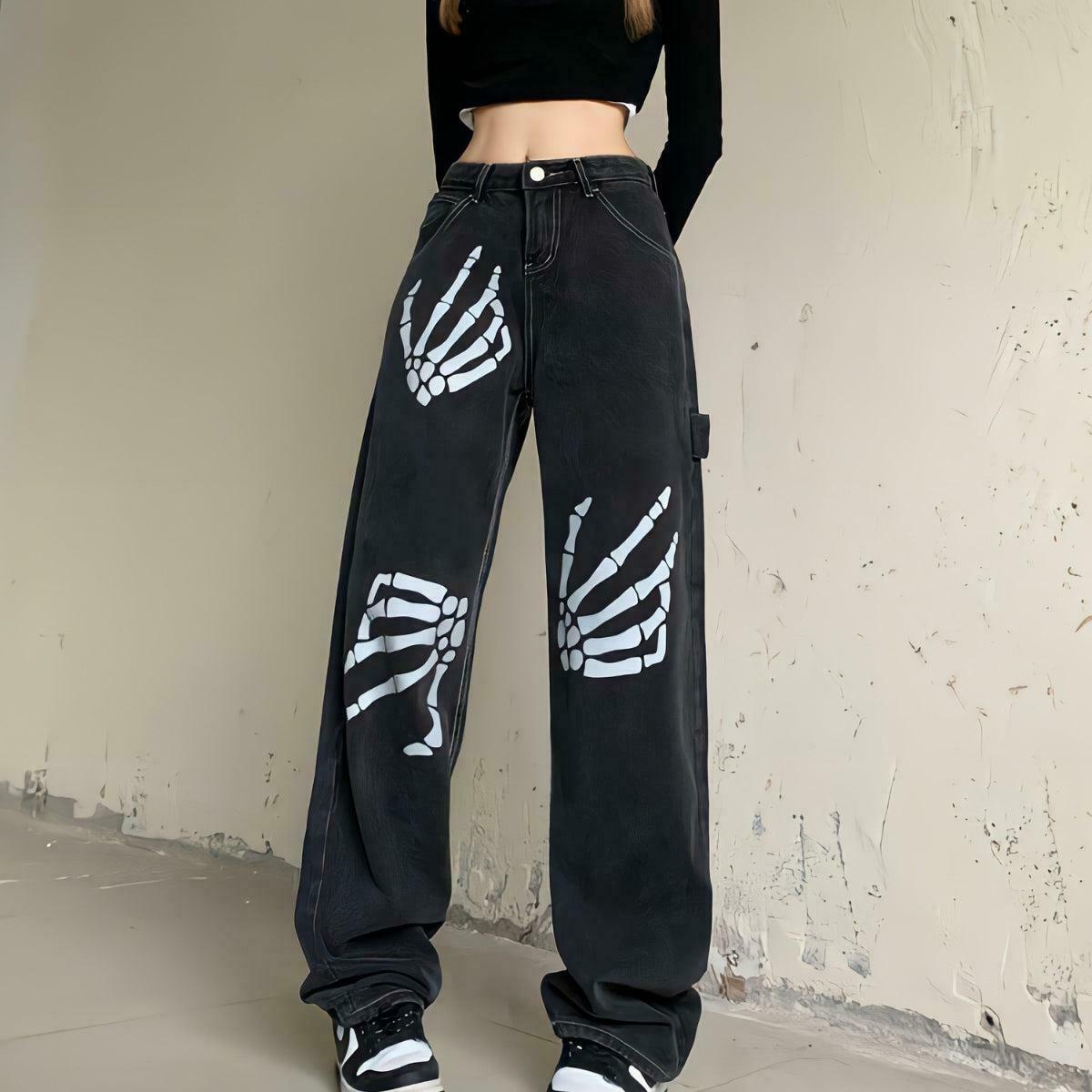 Grunge Skeleton Hand Printed Jeans for Y2K Style - Trendy 90's Inspired Fashion