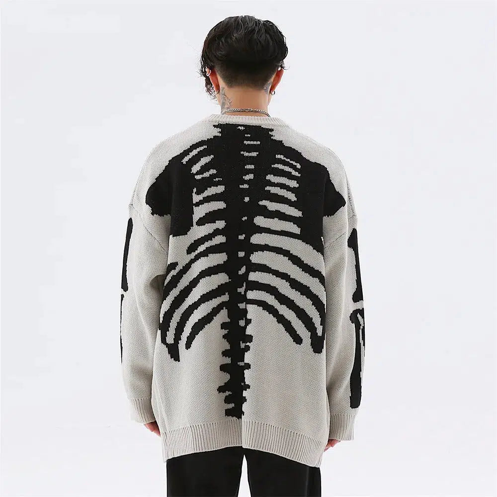 Grunge Skeleton Knitted Sweater - Trendy Pink & Green Knit Skeleton Sweater for Y2K Style