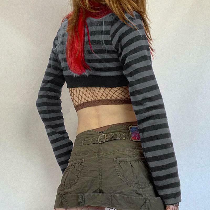 Grunge Striped Button-Up Crop Top - Y2K Fashion, Emo Style, and Trendy Designs