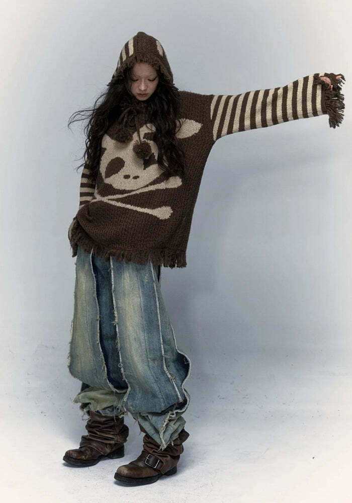 Grunge Tasseled Hooded Sweater for Y2K Style: Trendy Gen Z Fashion Essential