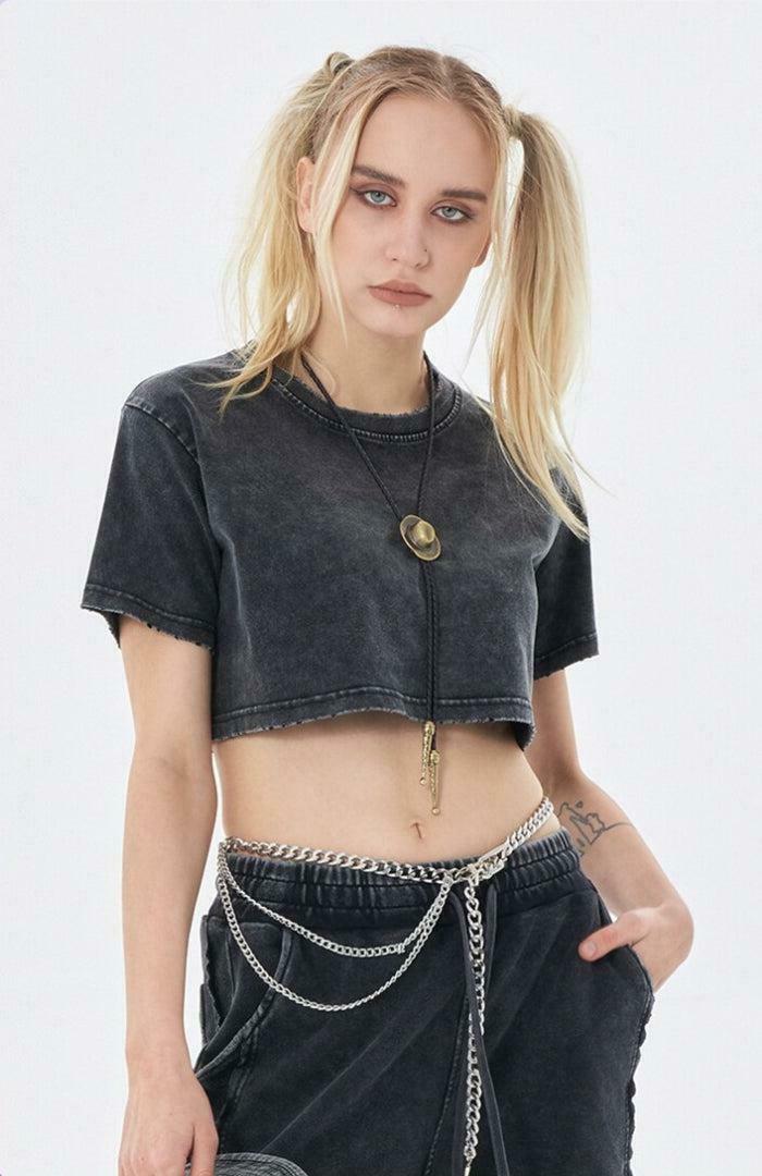 Grunge Washed Crop Top - Y2K Emo Style with Star, Cat & Strawberry Designs