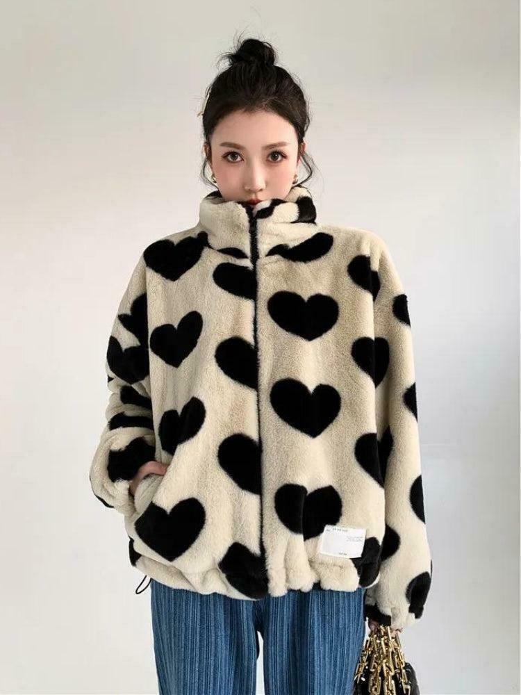 Heart Pattern Teddy Jacket for Men - Y2K Style Grunge Fashion & Outfits