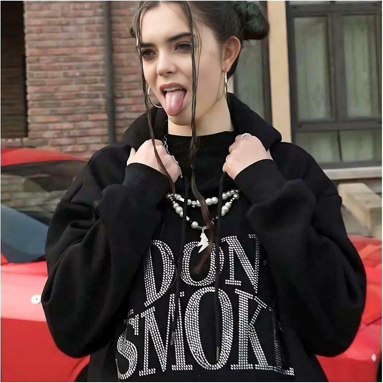 I Don't Smoke Rhinestone Hoodie - Y2K Style Skeleton & Spider Design for Trendy Looks