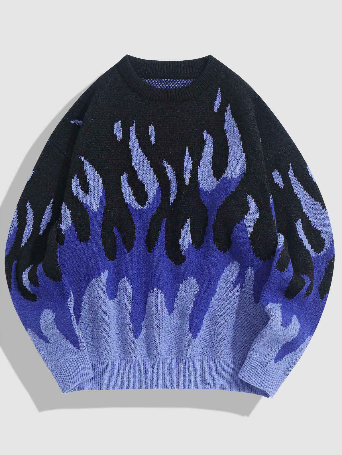 Indie Flame Knitted Sweater - Trendy Purple & Blue Flame Design for Y2K Grunge Style