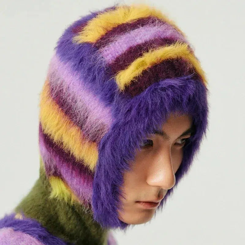 Indie Striped Fluffy Balaclava - Trendy Y2K Clothing for a Stylish Look