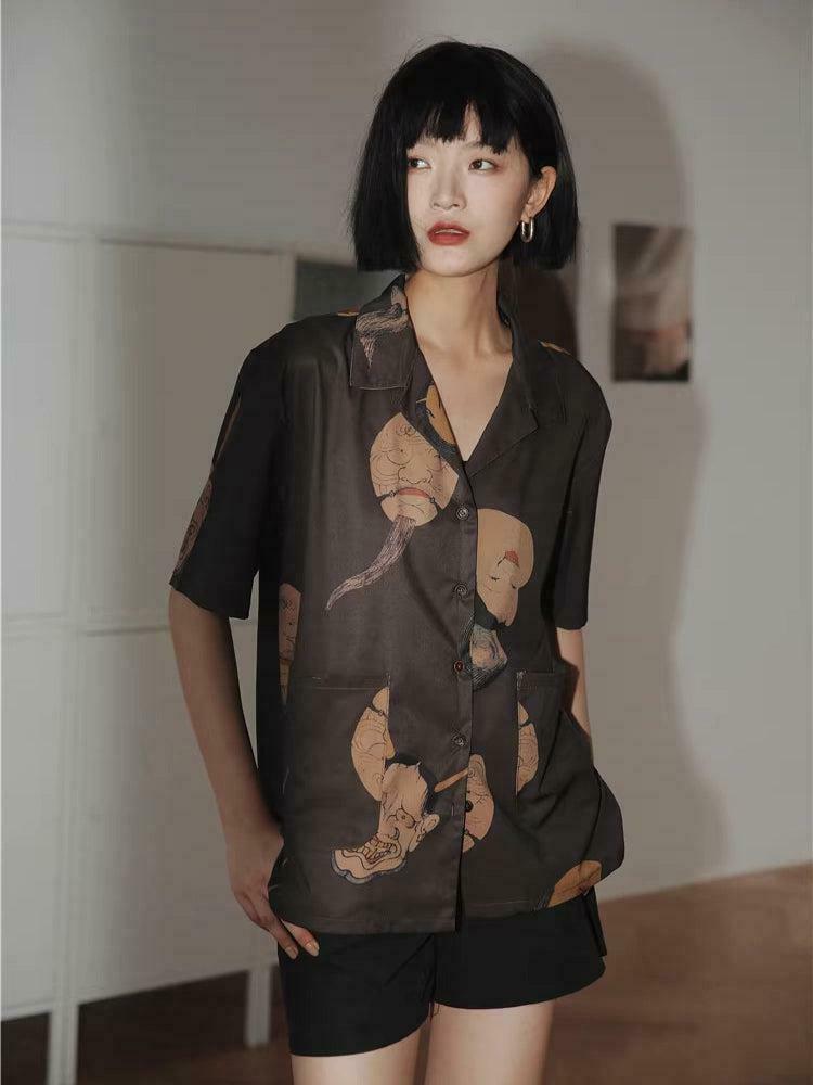 Japanese Art Short Sleeve Blouse - Trendy Y2K Clothing for Unique Style Enthusiasts