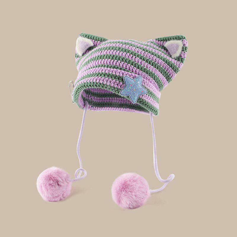 Kawaii Cat Ear Pom-Pom Beanie - Y2K Grunge & Cyber Fashion for Trendy Outfits