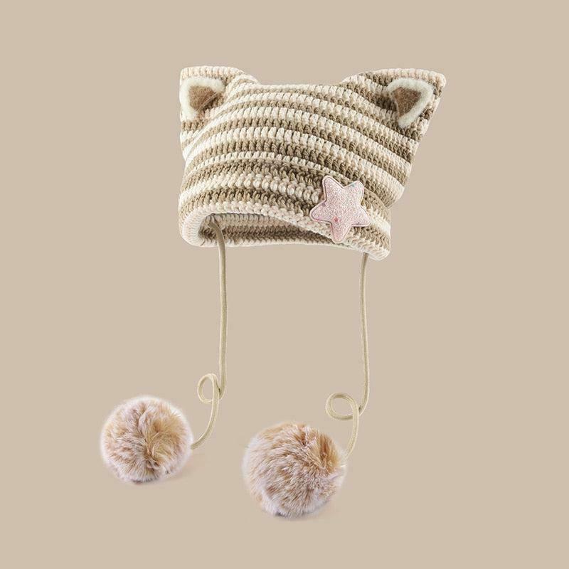 Kawaii Cat Ear Pom-Pom Beanie - Y2K Grunge & Cyber Fashion for Trendy Outfits