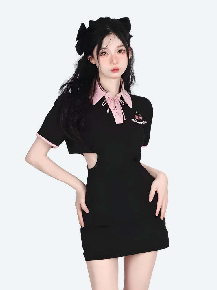 Kawaii Cherry Cut Out Mini Polo Dress - Trendy Y2K Clothing for a Stylish Look