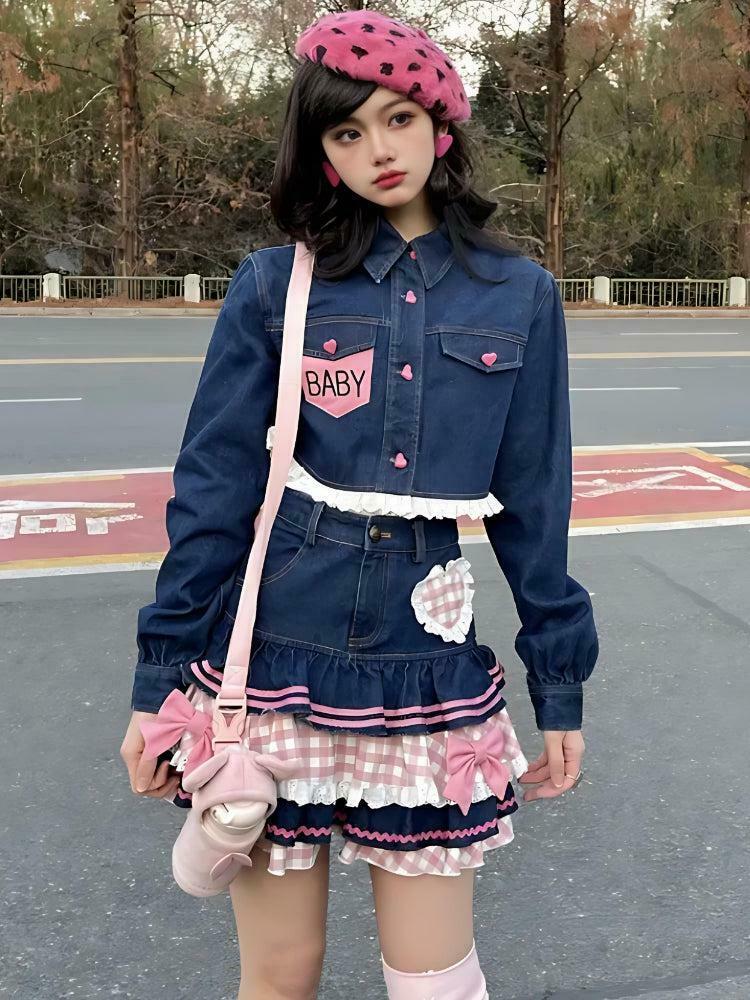 Kawaii Layered Denim Mini Skirt - Y2K Grunge A-Line Style for Trendy Fashion Lovers