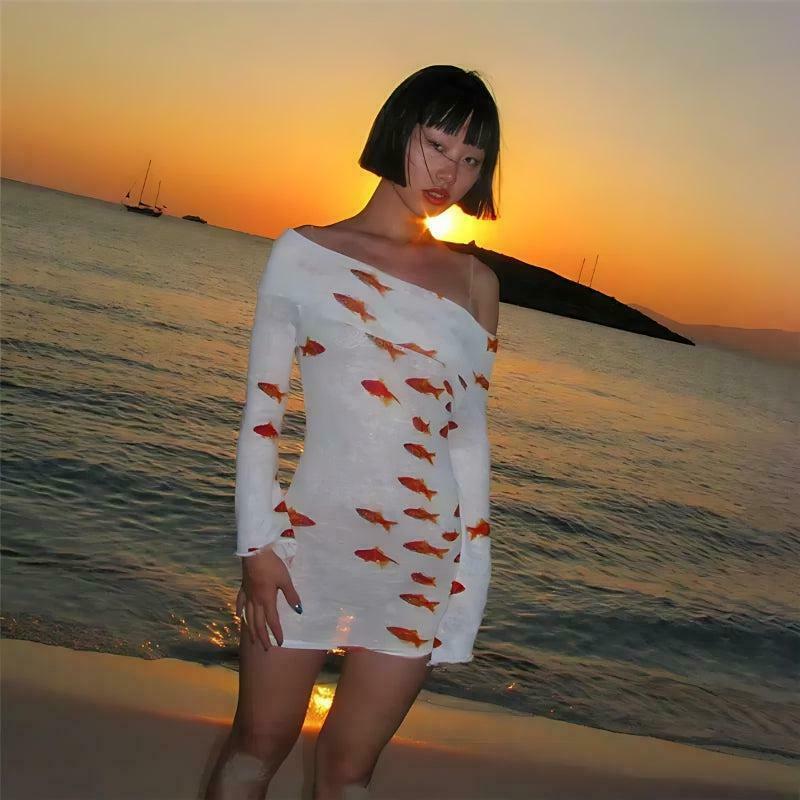 Koi Fish Printed Mesh Mini Dress - Trendy Y2K Grunge Fashion for Unique Style Lovers