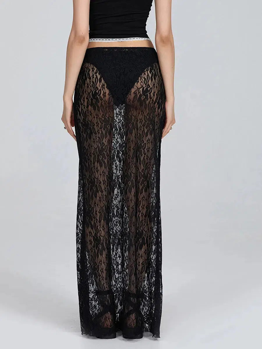 Lace Sheer Low Rise Maxi Skirt for Y2K Style, Grunge & Punk Outfits - Trendy Fashion Piece