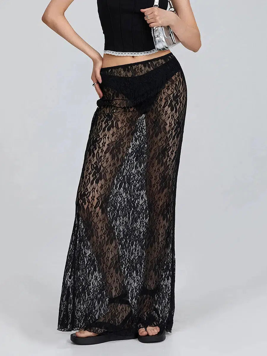 Lace Sheer Low Rise Maxi Skirt for Y2K Style, Grunge & Punk Outfits - Trendy Fashion Piece