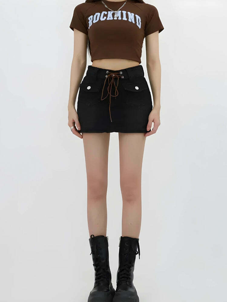 Lace Up Belted Denim Mini Skort for Trendy Y2K Outfits and Grunge Style Fashion