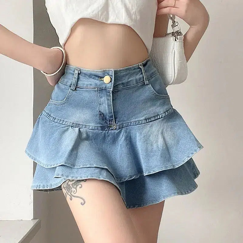 Layered Ruffled Denim Mini Skirt - Trendy Y2K Style for Fashion-Forward Outfits in 2025