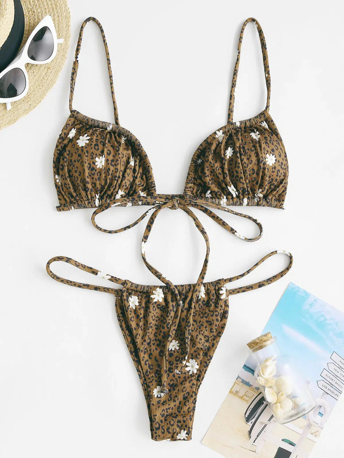 Leopard Daisy Drawstring Bikini Set - Trendy Y2K Style for Fashion-Forward Looks