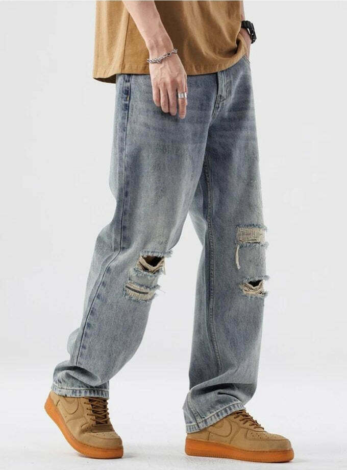 Light Wash Distressed Knee Jeans for Men - Y2K Style Vintage Grunge Fashion