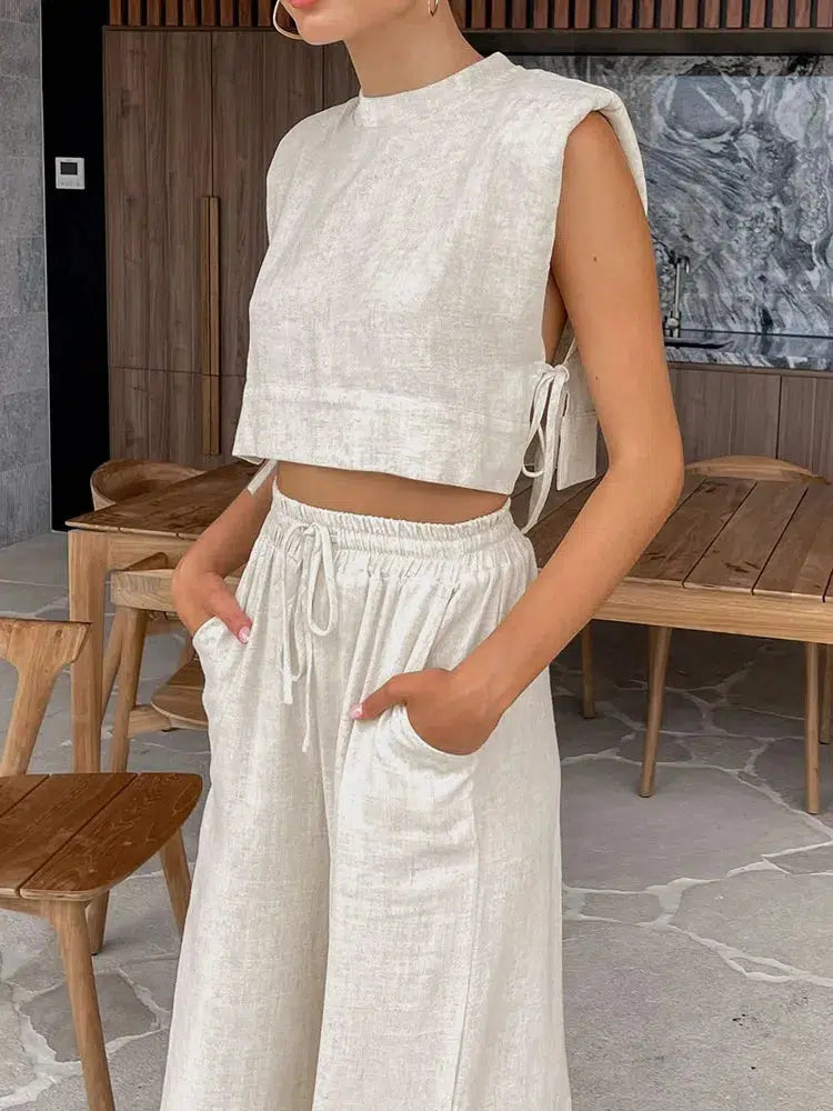 Linen Lace Up Crop Top & Pants Two Piece Set - Trendy Y2K Clothing for Stylish Looks