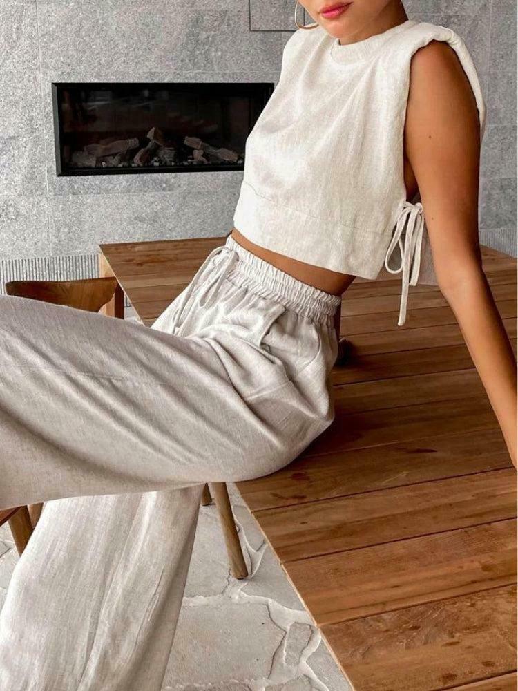 Linen Lace Up Crop Top & Pants Two Piece Set - Trendy Y2K Clothing for Stylish Looks